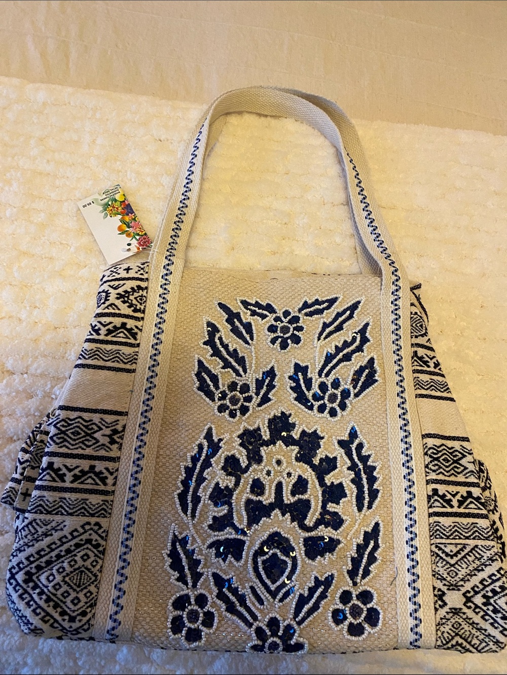 American & Beyond Viral Cream and Navy Embroidered Tote Bag